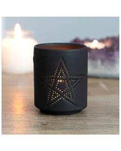 Schwarzer Teelichthalter Mit Pentagramm -Halloween Tischdekoration Geschaft schwarzer pentagramm teelichthalter black pentagram tealight holder gothic deko halloween dekoration 50820 02